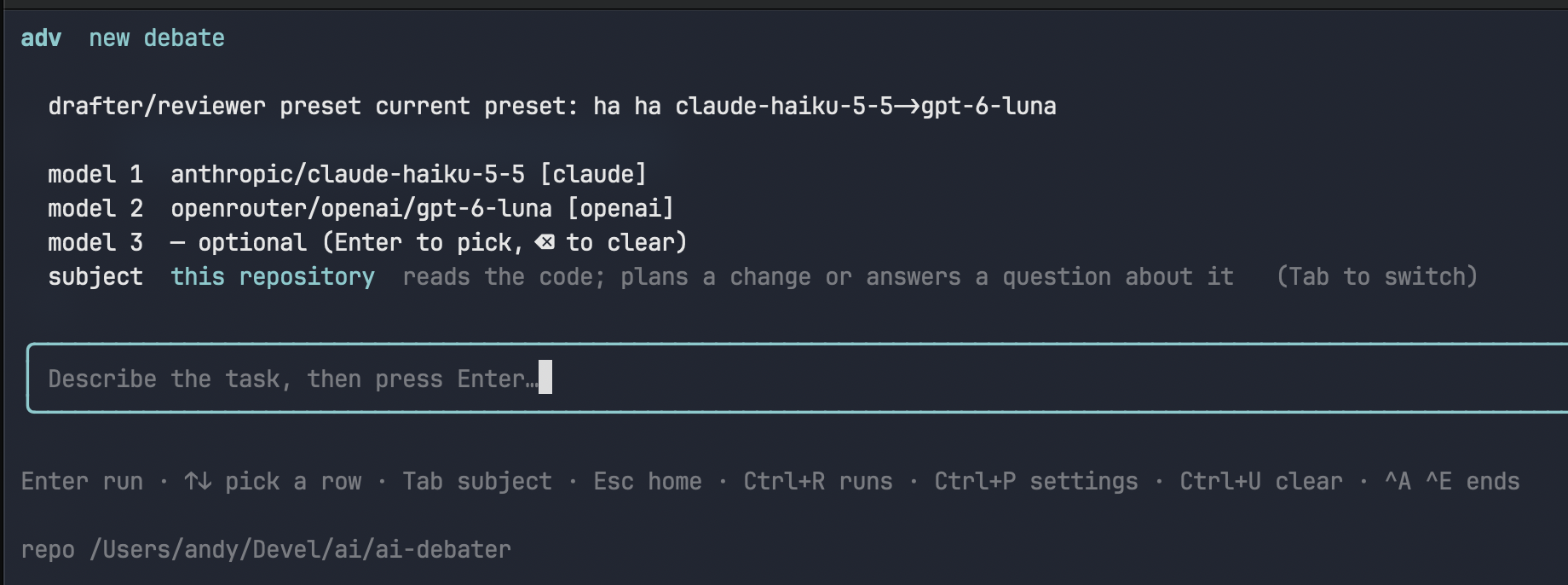 The new-debate desk: preset, models, subject, and the prompt
