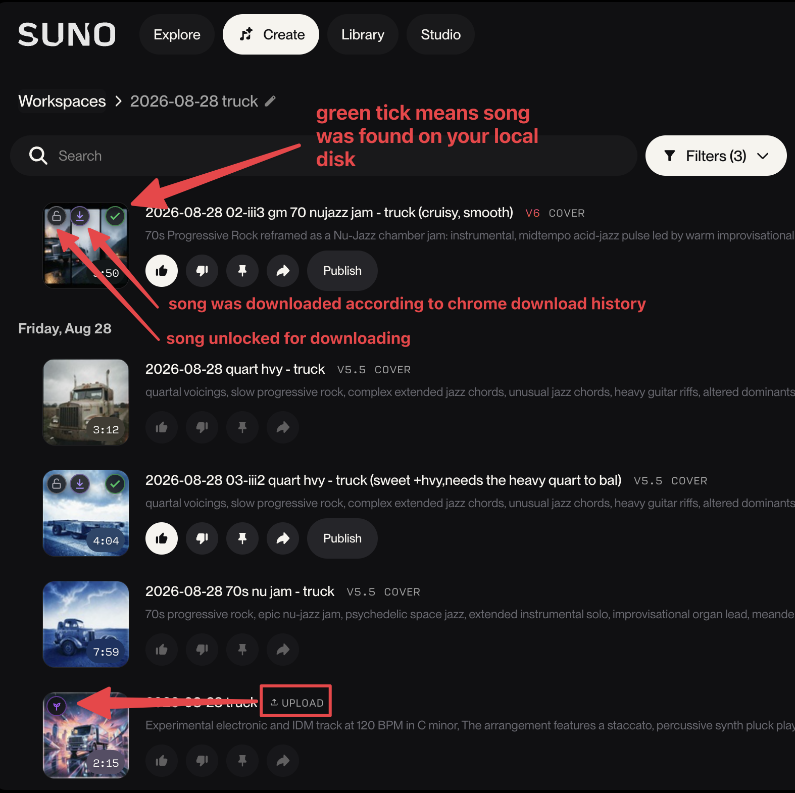 Suno Generator badges injected into the Suno UI